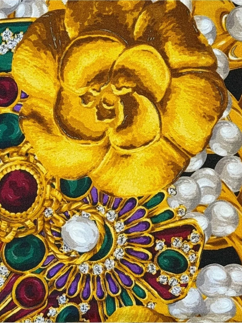 CHANEL Black Silk Scarf with Gold Floral and Multicolor Gripoix Jewel Motif
